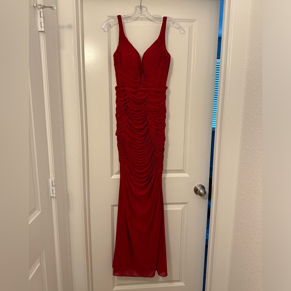 La Femme Scarlet Ruched Prom Gown